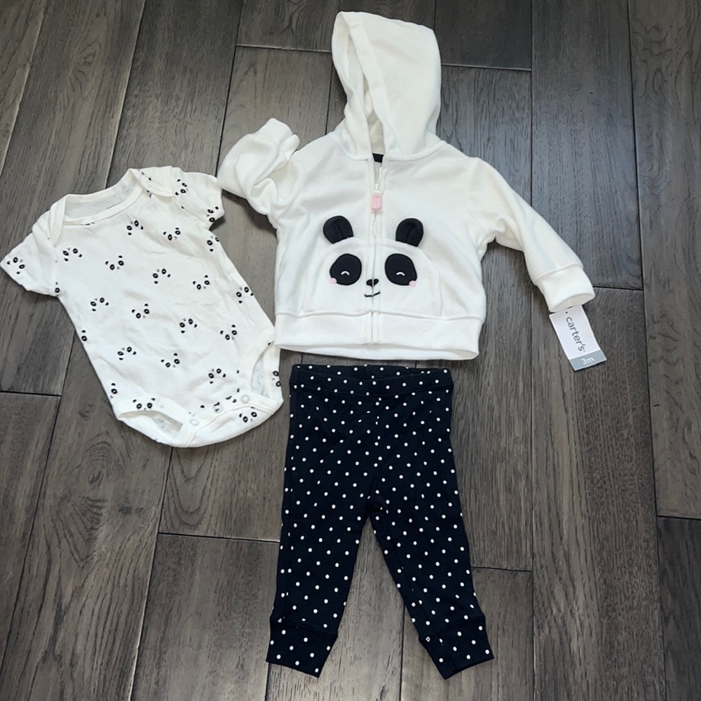 NWT 3 month carters 3 piece panda leggings, and hooded fleece sweater set